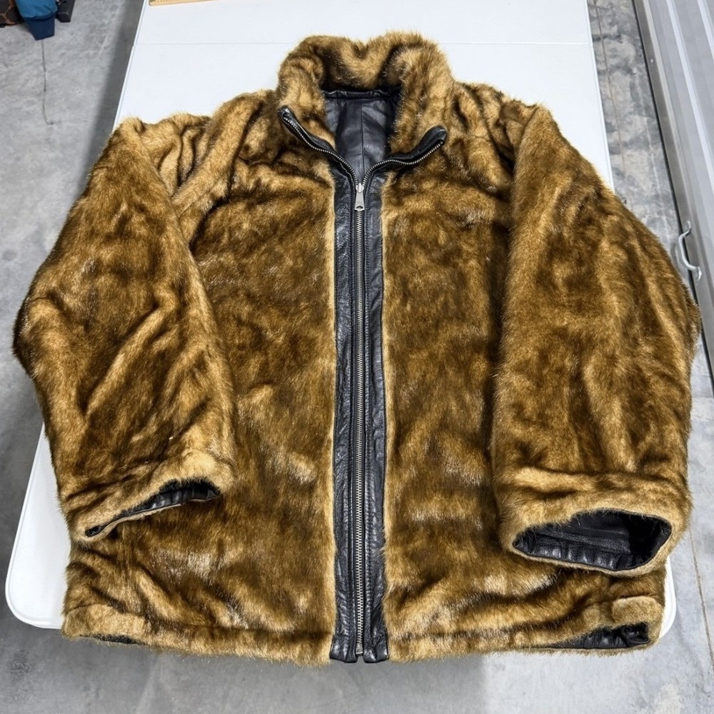 XLD Reversible Leather Faux Fur Jacket Mens L Black Brown Good Zip Bomber Coat